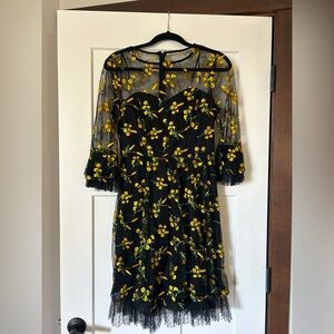 Handmade Embroidered Black & Yellow Floral Midi Dress